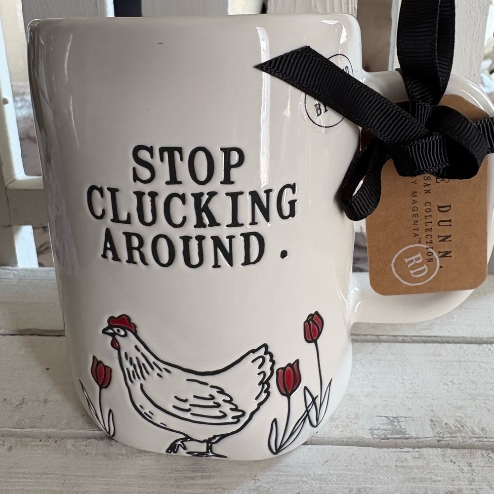 Rae Dunn White Chicken STOP CLUCKING AROUND Mug with Red Accents